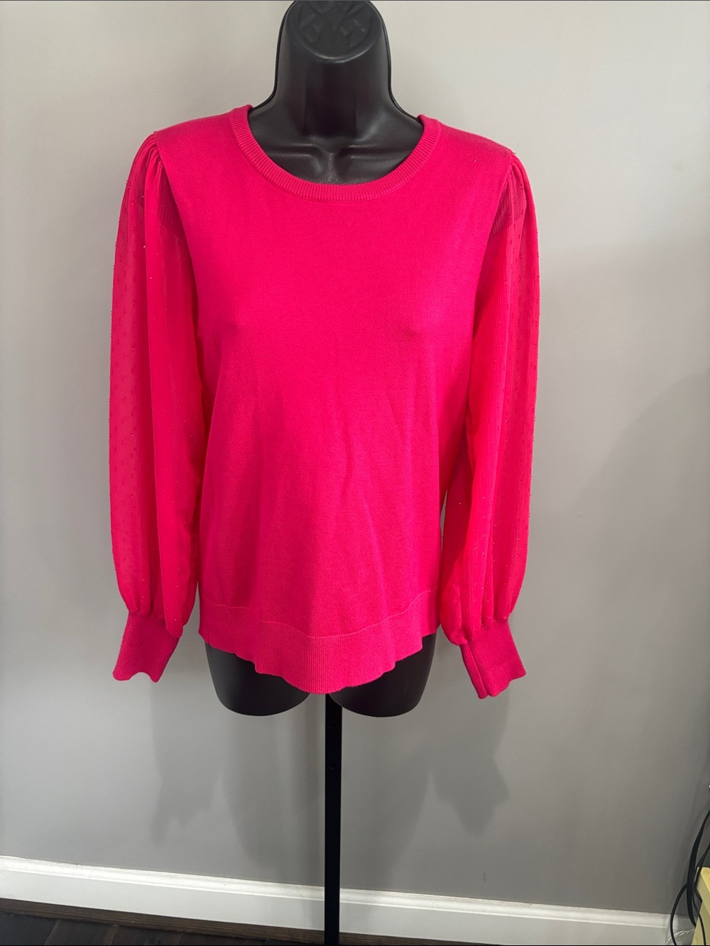 Calvin Klein Hot Pink Crewneck Sweater with Sheet Sparkle Sleeves Size Small